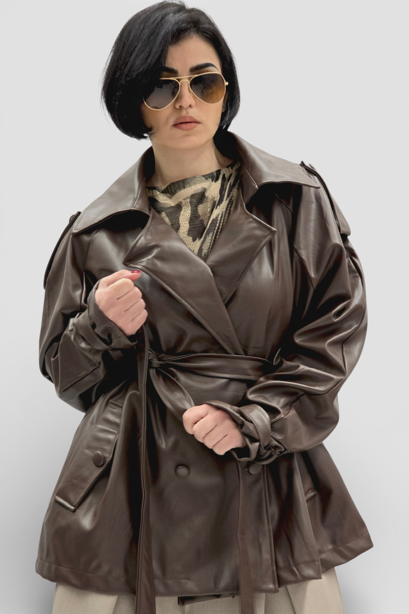 Ženska trendi smeđa oversized jakna Ember u imitaciji kože