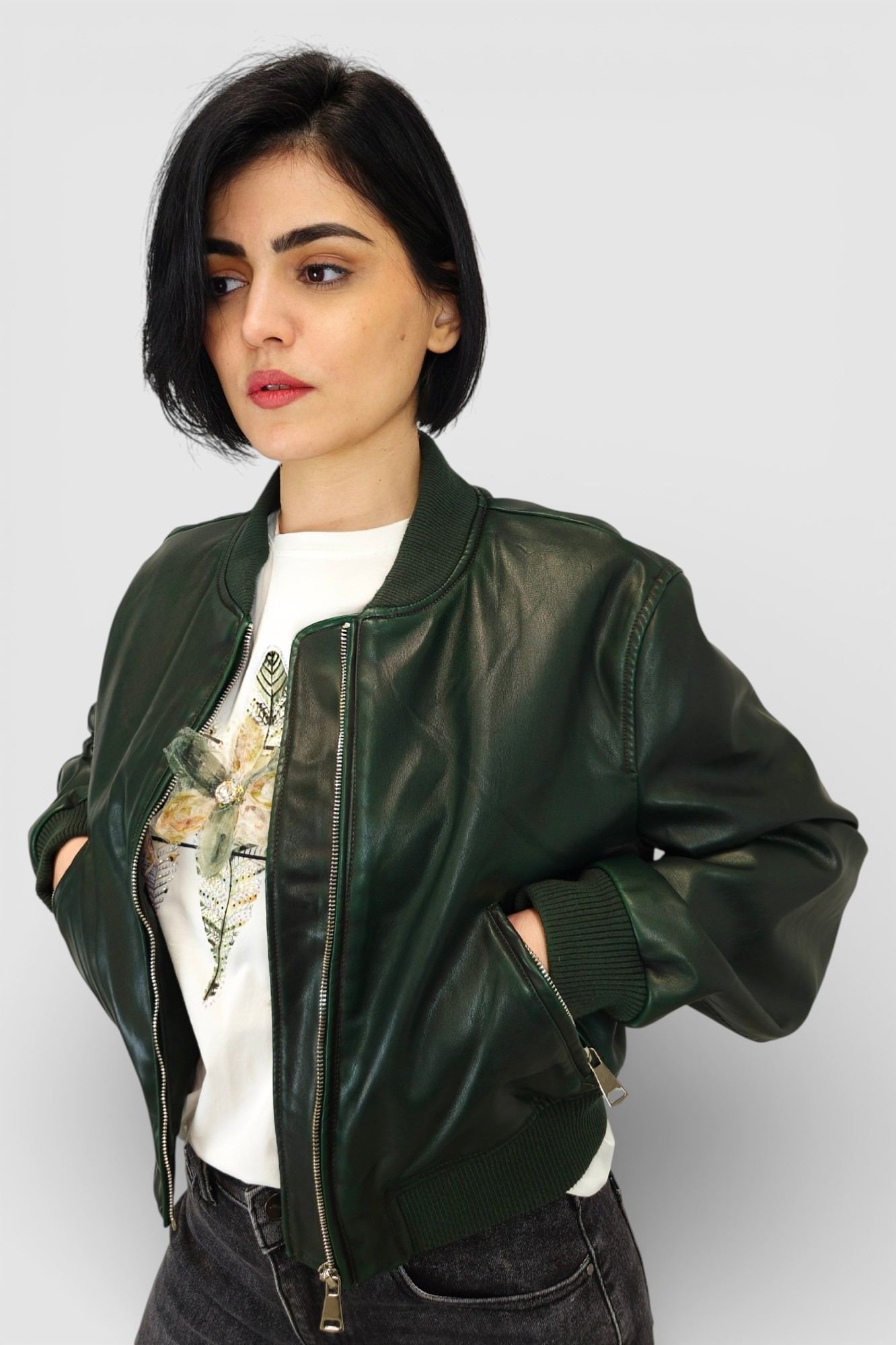 Ženska tamno zelena kožna jakna Isabelle