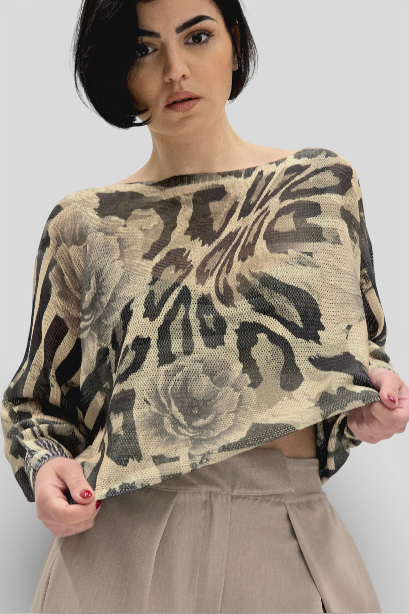 Ženska bež končana majica Faye dugih rukava sa cvjetnim printom