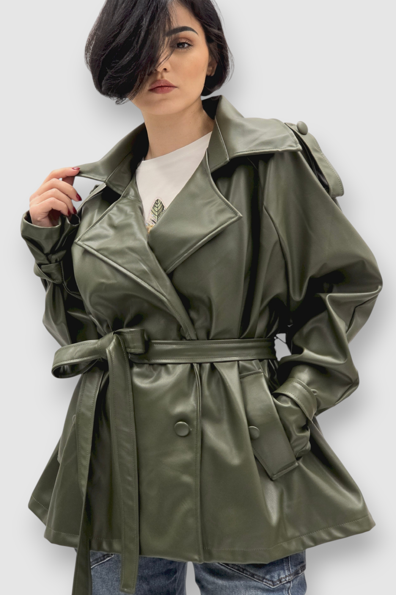 Ženska trendi tamno zelena oversized jakna Ember u imitaciji kože