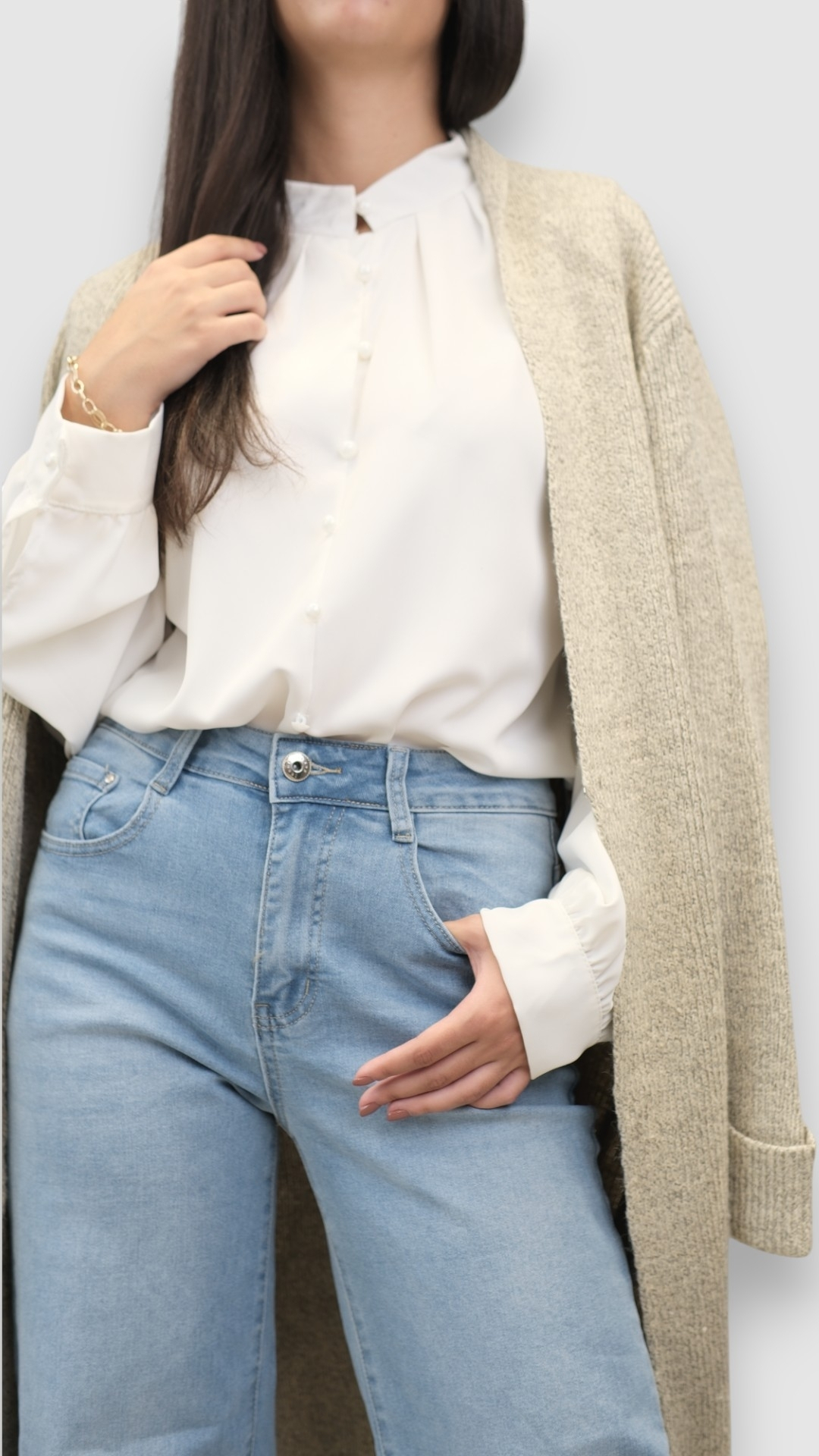 Ženski bež dugi kardigan Delphinia