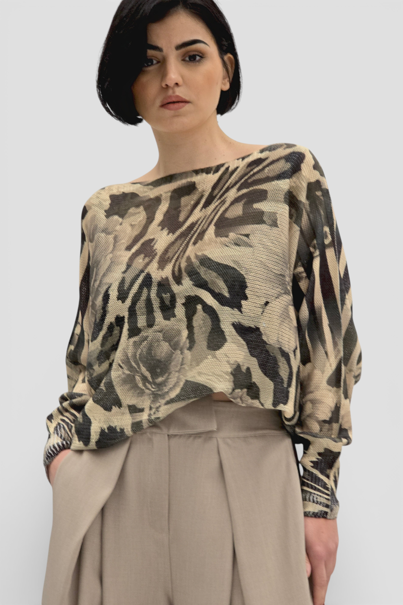 Ženska bež končana majica Faye dugih rukava sa cvjetnim printom