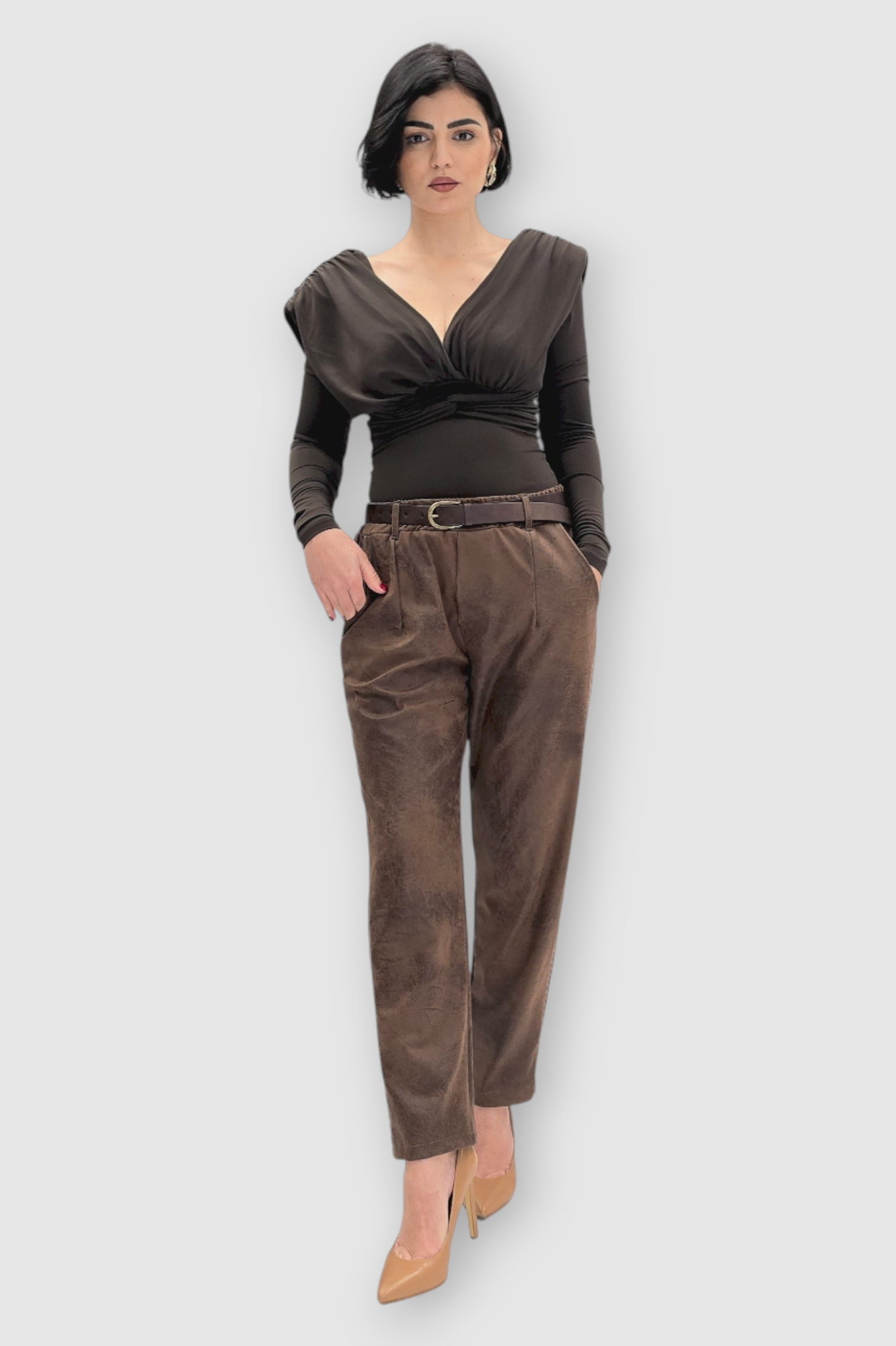 Smeđe vintage hlače Irina od brušene kože u baggy kroju