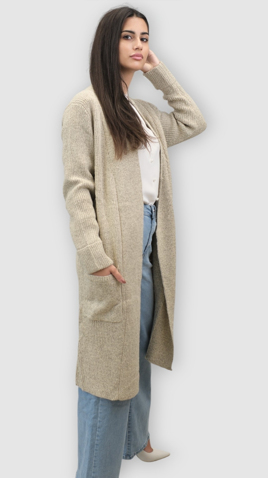 Ženski bež dugi kardigan Delphinia