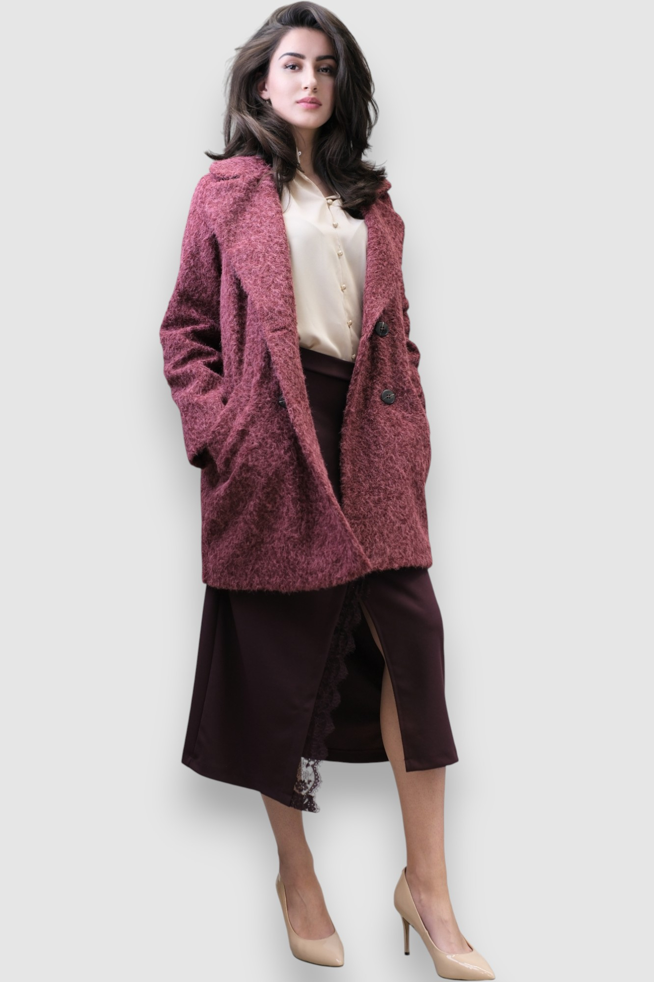 Ženska bordo suknja Izabella s prorezom i čipkom