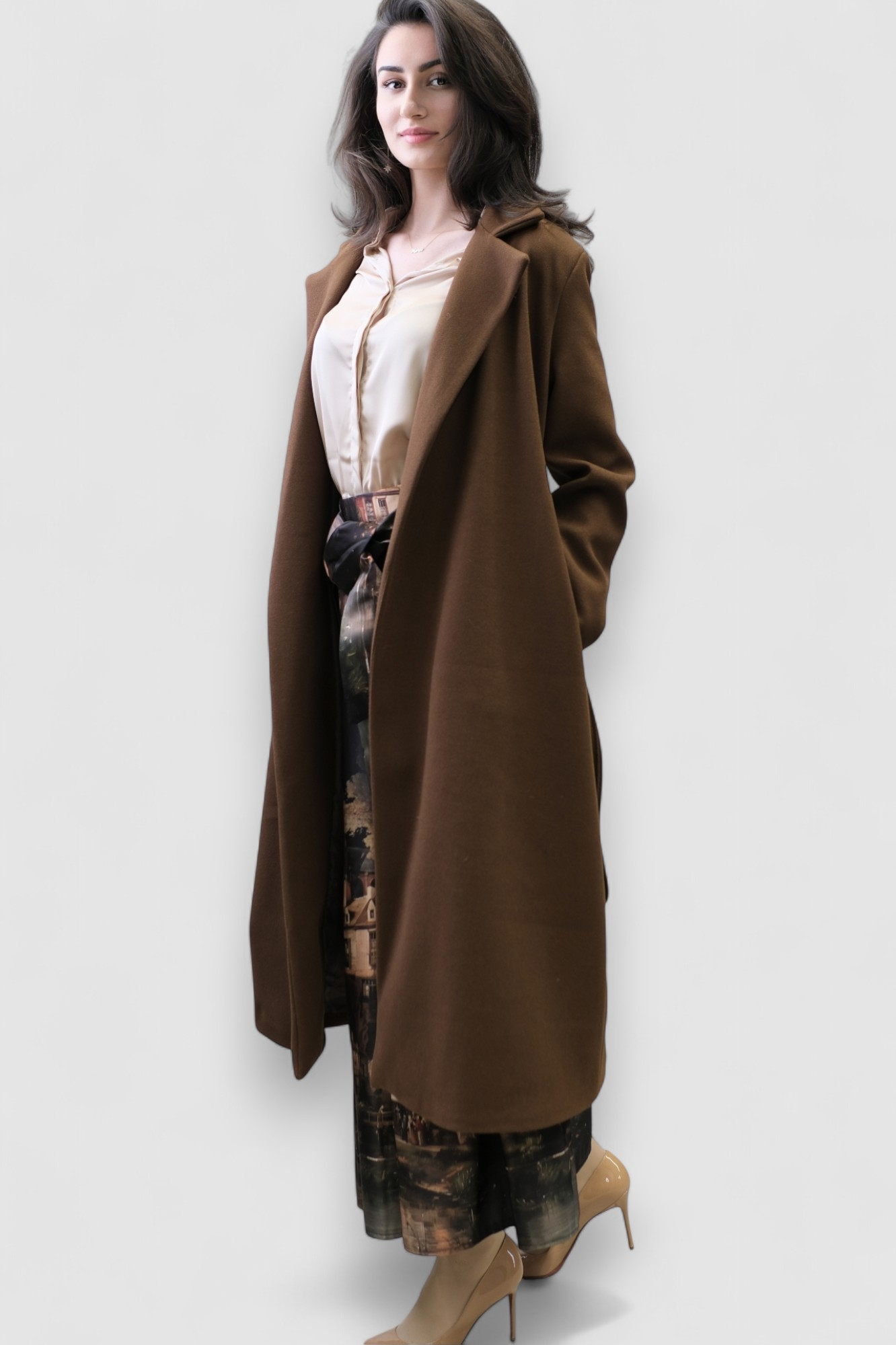 Ženski elegantni dugi smeđi kaput Fenton