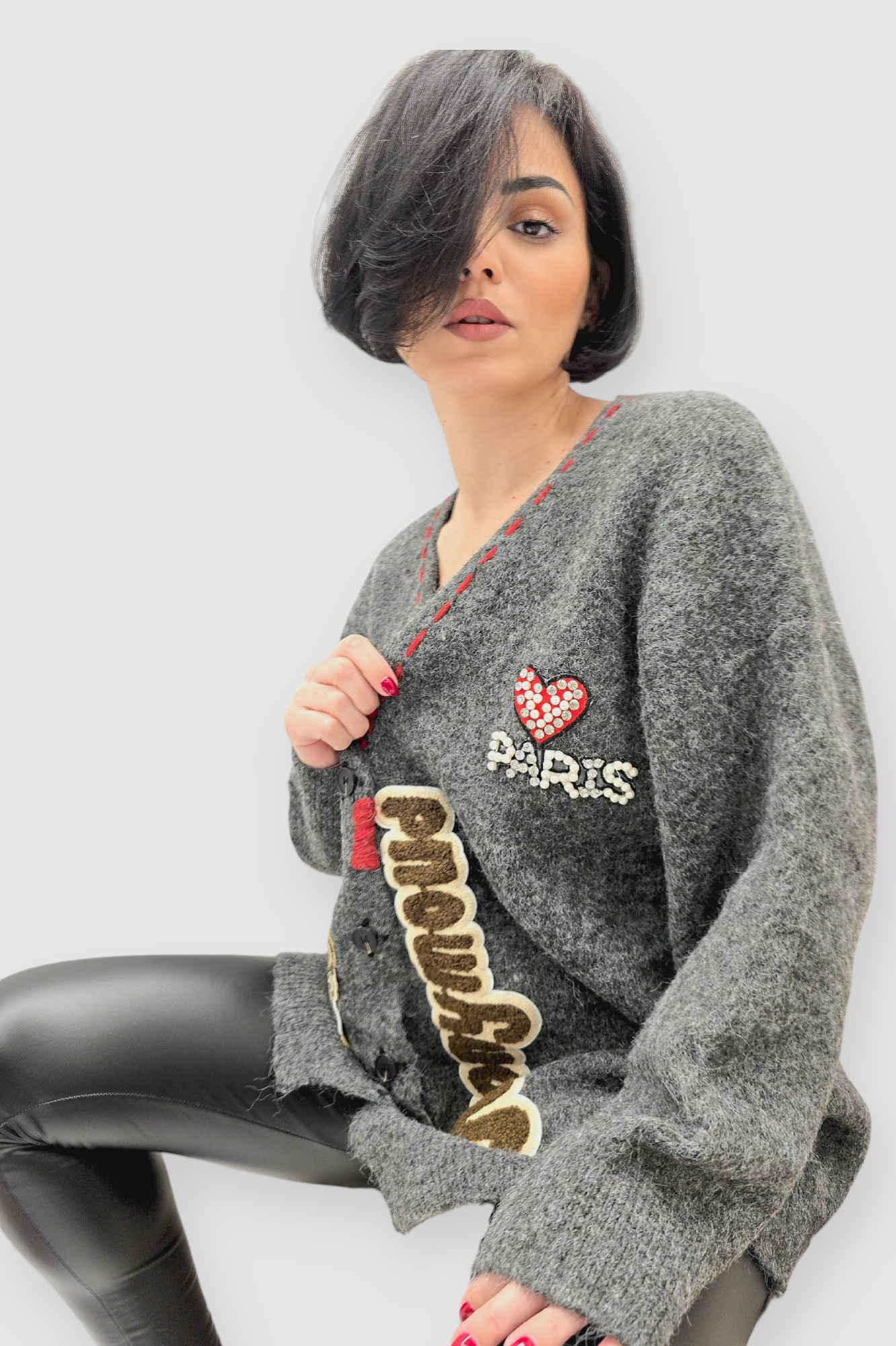 Ženski sivi džemper na kopčanje Bindi s V-izrezom i aplikacijom medvjedića