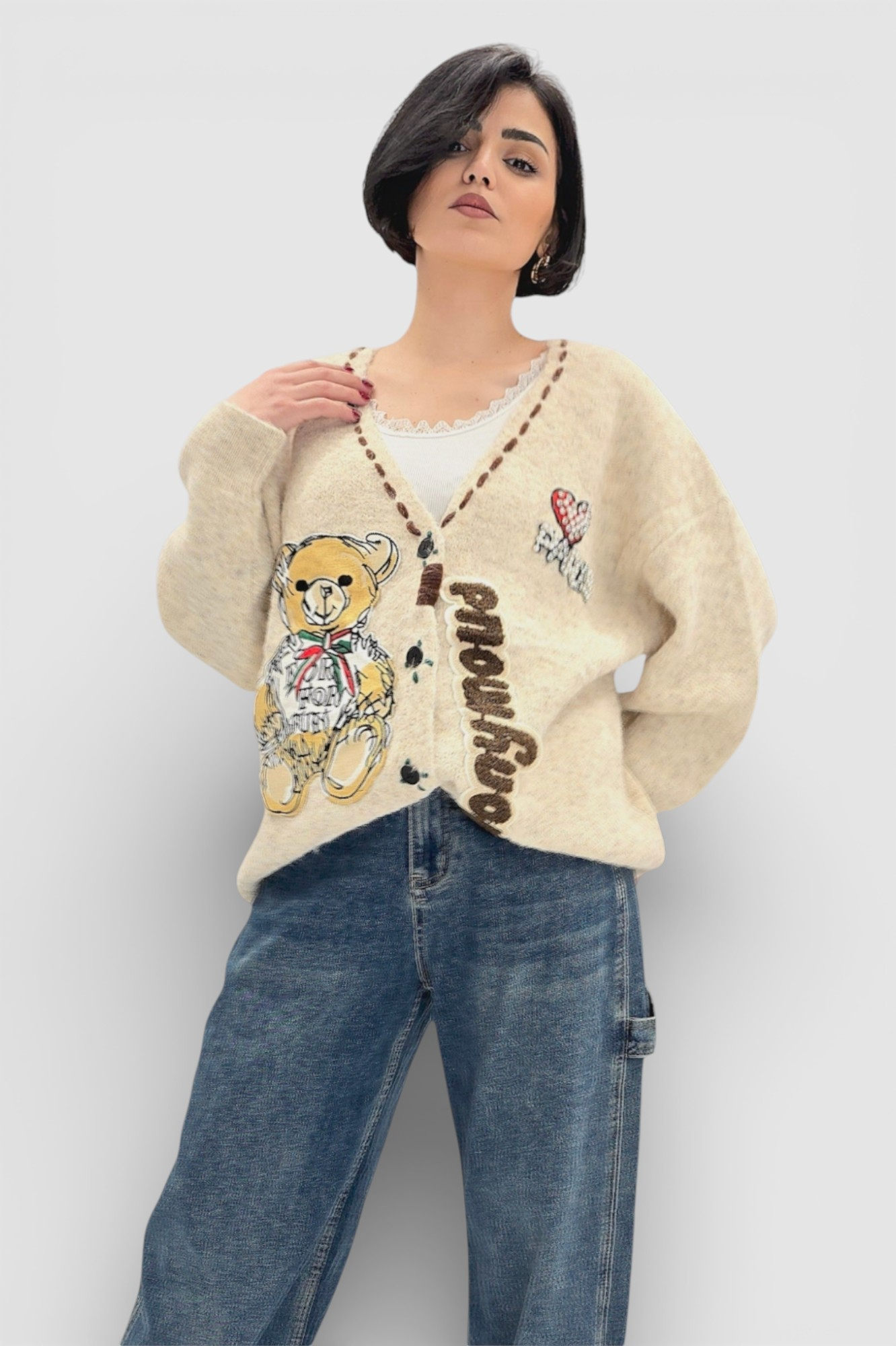 Ženski bež džemper na kopčanje Bindi s V-izrezom i aplikacijom medvjedića