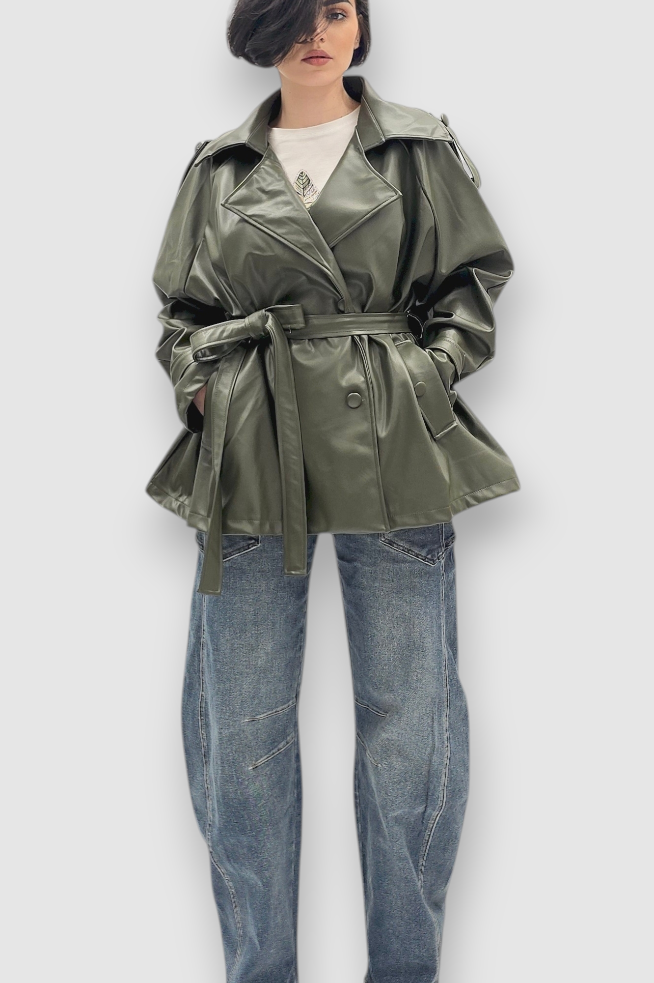 Ženska trendi tamno zelena oversized jakna Ember u imitaciji kože