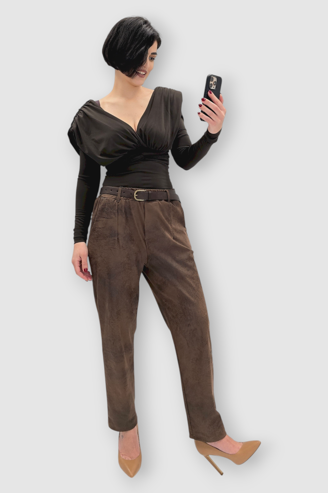 Smeđe vintage hlače Irina od brušene kože u baggy kroju